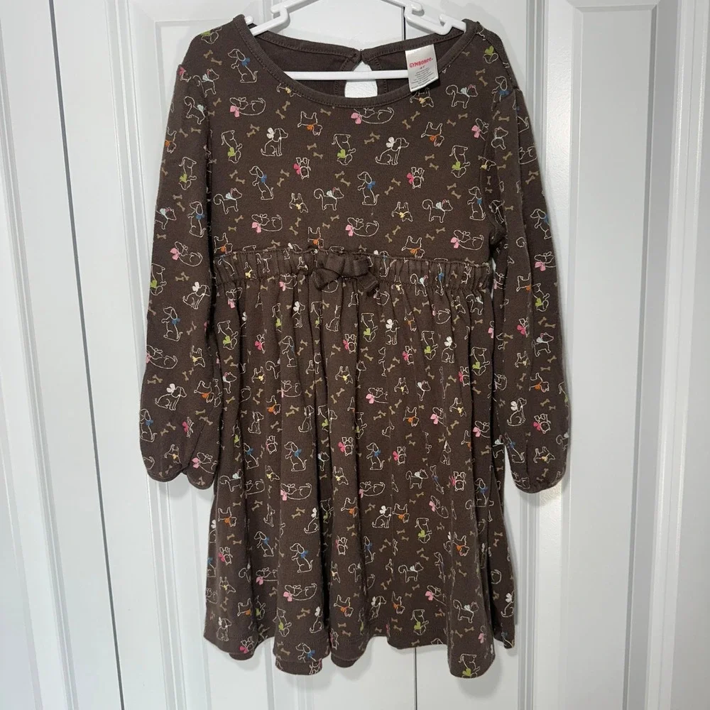 Y2K Gymboree Dress Brown Puppy Dog Print Long Sleeve Bow 4T Novelty Cotton